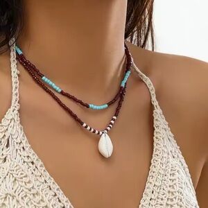 Double Stack Maroon Red and Blue Beaded Necklace